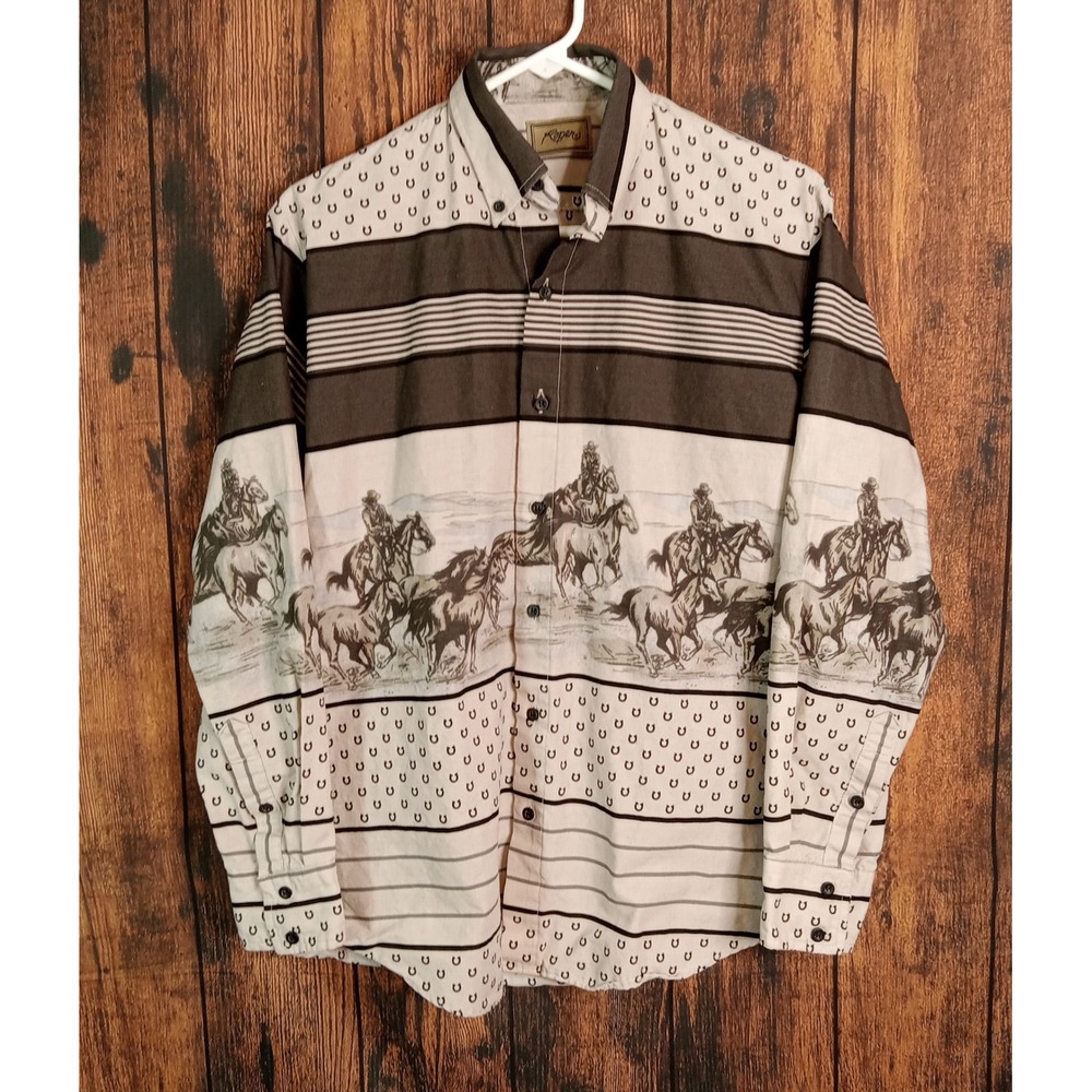 Vintage Roper Western Shirt Mens Small Horse Graphic Horseshoe Made in USA Brown